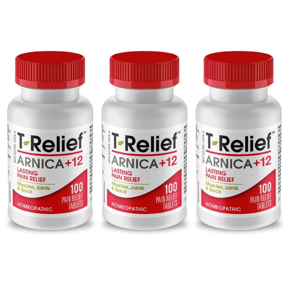 MediNatura T-Relief Arnica +12 Natural Relieving Actives for Back Pain Joint Soreness Muscle Aches & Stiffness, Whole Body Fast Acting Relief for Women & Men - 100 Tablets (3 Pack)