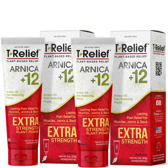 MediNatura T-Relief Extra Strength Gel Arnica +12 Natural Relieving Actives for Back Pain Joint Soreness Muscle Aches & Stiffness Whole Body Fast Acting Relief for Women & Men - 3 oz (2 Pack)