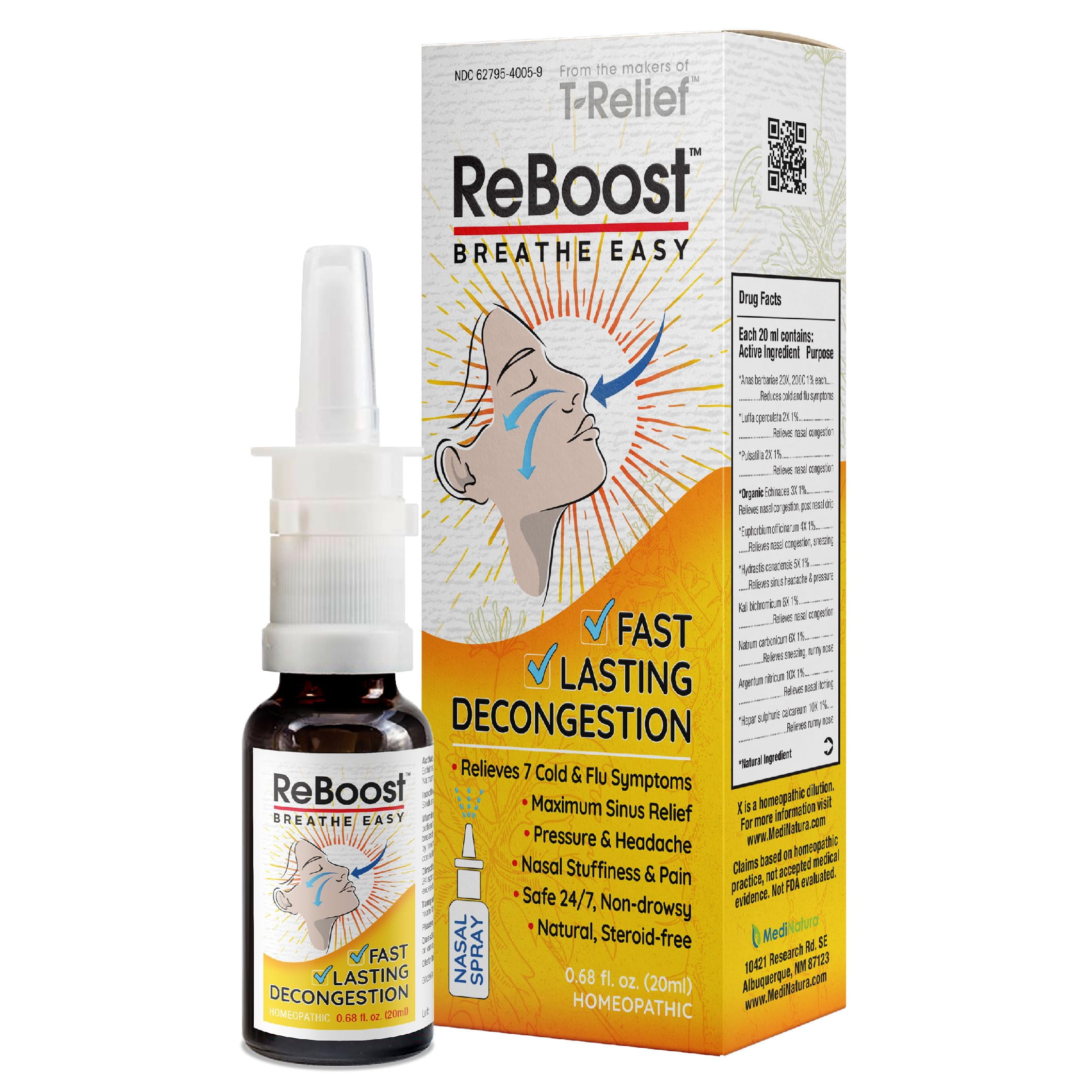 MEDINATURA ReBoost Breathe Easy Decongestion Nasal Spray Fast-Acting Cold & Flu Symptom Relief Natural Homeopathic Ingredients Help Calm Congestion, Headache & Sinus Pressure - 0.68 oz
