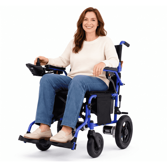 MediNex Lightweight Foldable Electric Wheelchair for Seniors, All Terrain Motorized Power Wheelchair, 20+ Mile Range, 350 lbs Capacity, 500W Motors, Blue, Regular