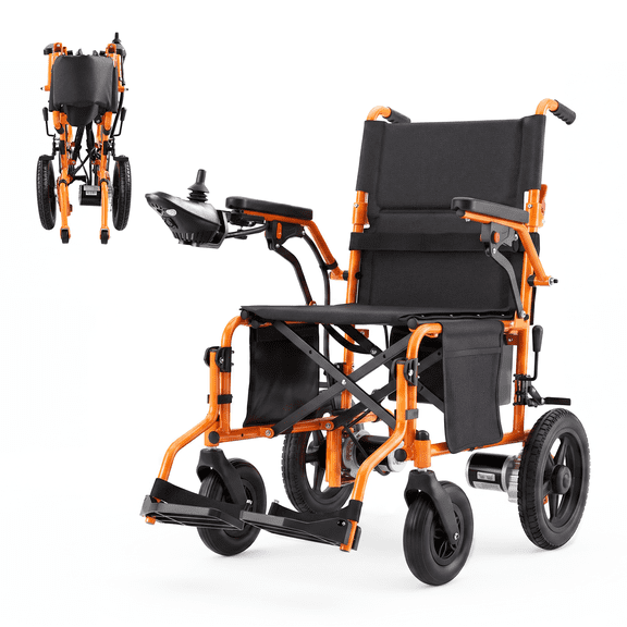 MediNex Lightweight Portable Electric Wheelchair,15+ Miles Range,All Terrain Motorized Wheelchair for Seniors,330lbs,500W Motors, Orange,Compact