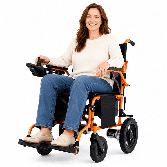 MediNex Lightweight Foldable Electric Wheelchair for Seniors, All Terrain Motorized Power Wheelchair, 20+ Mile Range, 350 lbs Capacity, 500W Motors, Orange, Regular