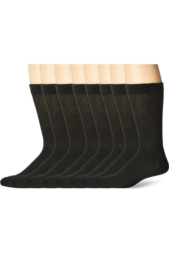 MediPeds Men?s Diabetic Extra Wide Non-Binding Top Crew Socks with COOLMAX Fiber 8 Pairs, Black, Shoe Size: 9-12