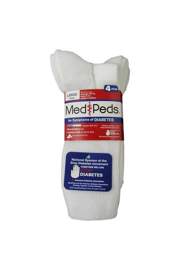 Unisex Diabetic Crew Casual Socks with Non-Binding Top, Large, 4 Pack