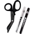 thumbnail image 1 of MedITAC Titanium Bonded Shears, 7.25-Inch Bent Scissors with 2-Pack LED Pen Light (Black & Silver), 1 of 5