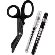 MedITAC Titanium Bonded Shears, 7.25-Inch Bent Scissors with 2-Pack LED Pen Light (Black & Silver)