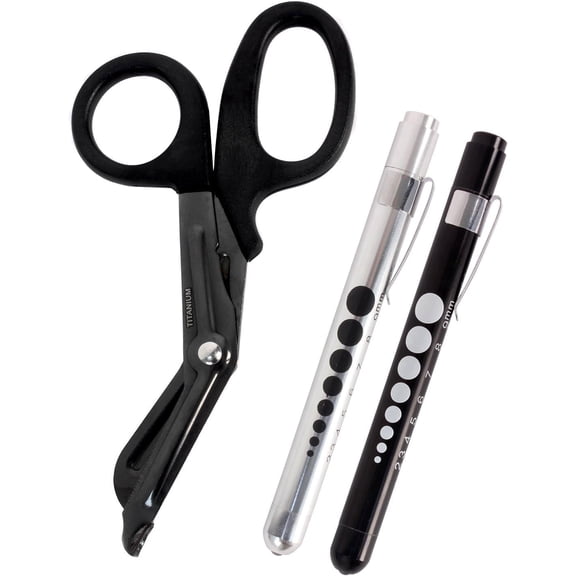 MedITAC Titanium Bonded Shears, 7.25-Inch Bent Scissors with 2-Pack LED Pen Light (Black & Silver)