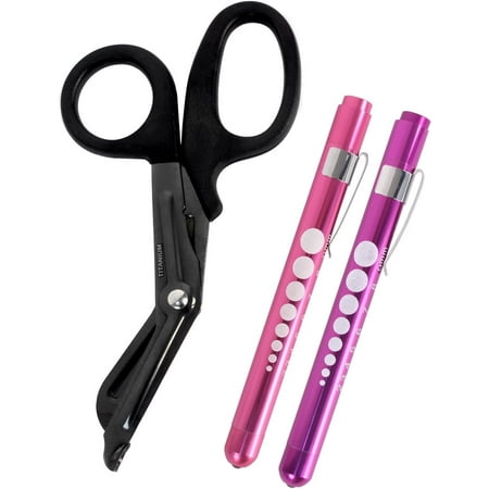 MedITAC Titanium Bonded Bandage Shears, 7.25-Inch, Bent Black Scissors with LED Pen Light, 2-Pack (Pink & Purple)
