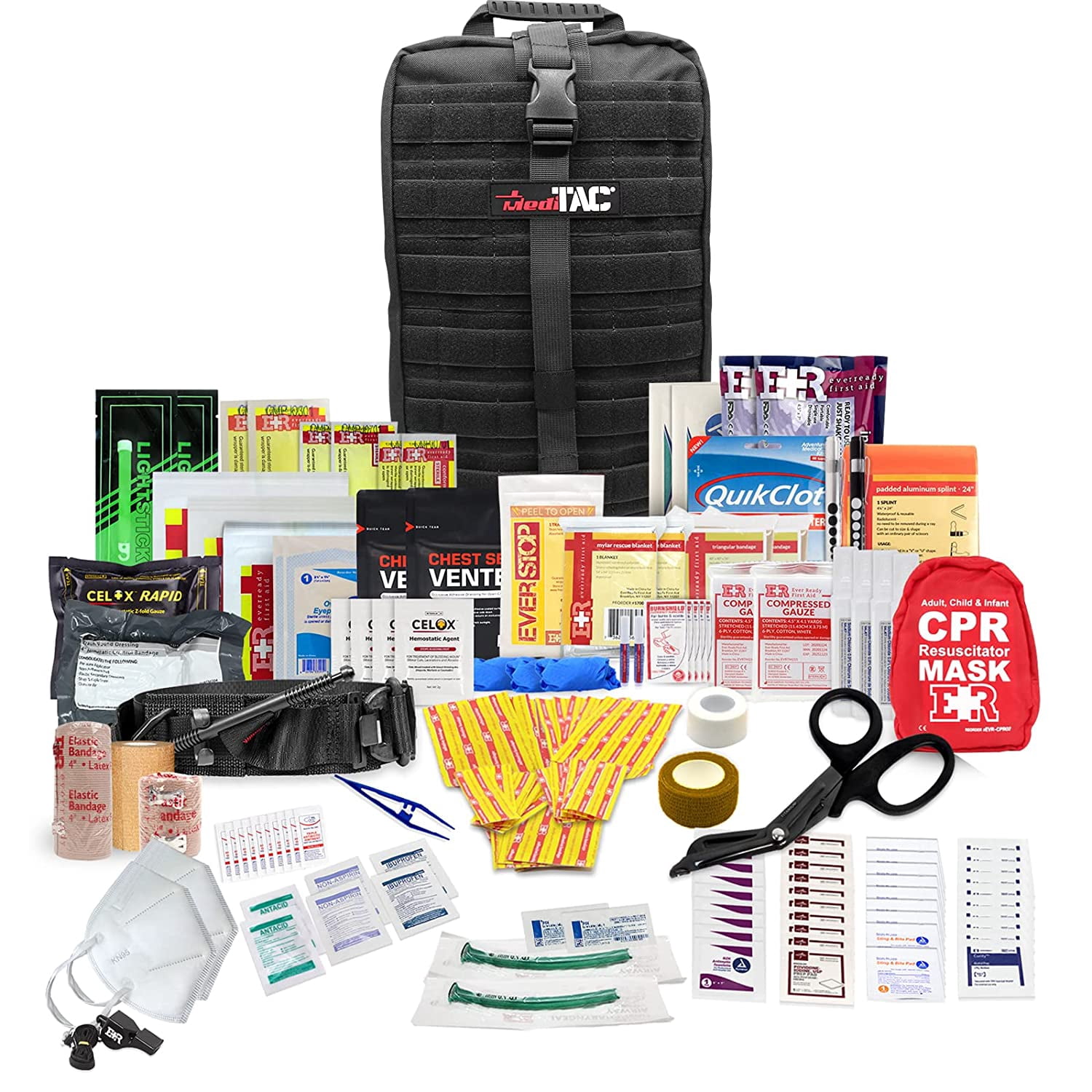 MediTac Rip-Away Hawk Type Full Tactical Trauma Kit Feat. Chest Seals, Tight Bandages, Bleeding Control Items, Titanium EMT Shears, Bandages - 178 Items - Black