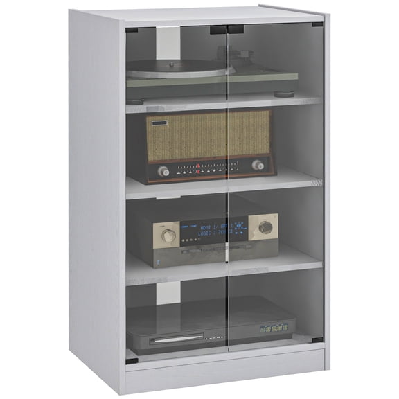 Media Cabinet 4, Modern With Tempered Glass Doors & Adjustable Shelves, Cable Managed, Large Storage Shelving Unit , 4 Doors, Management, White For Units
