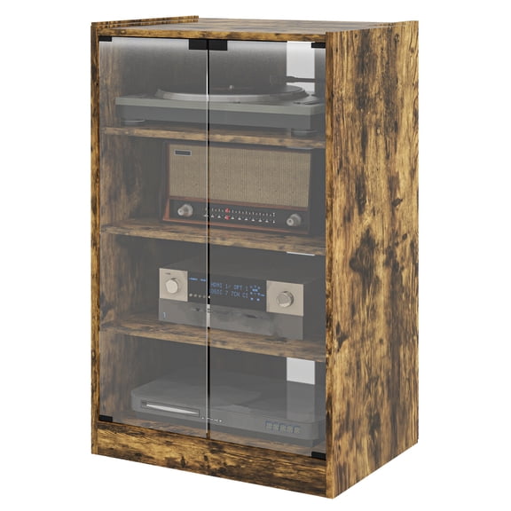 Media Cabinet 5 Tier, TV Stand with Glass Doors, Adjustable Shelves, Rustic Brown