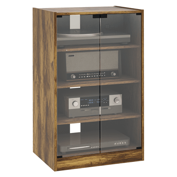 Media Cabinet 5 Tier, Tempered Glass Doors, Adjustable Shelves, Cable Management, Rustic Brown Entertainment Center