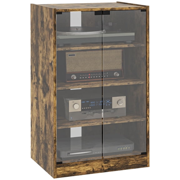 Media Cabinet with Adjustable Shelves and Tempered Glass Doors for Living Room, Rustic Brown Audio Video Stand with Cable Management Holes, 4-Tier Stereo Cabinet for Electronics and Books