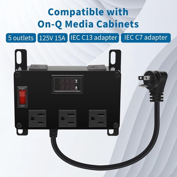 Media Cabinet Power Strip, 5 Outlets, Half Width, Compatible with On-Q Media Cabinets, 3 IEC C13 Adapters, 1 IEC C7 Adapter, AC1031