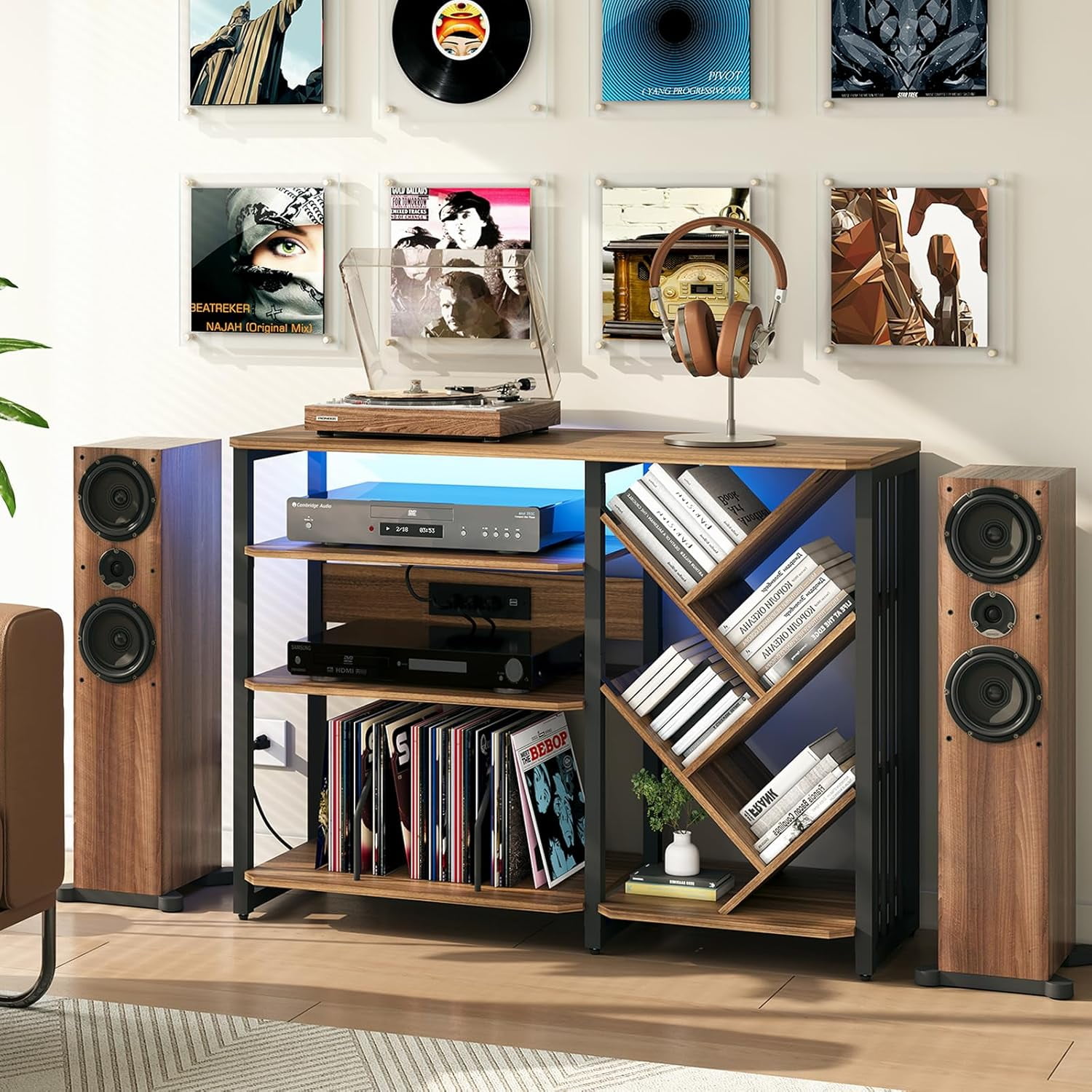 Media Console with Charging Station,Audio Rack with LED Lighting,4 Tier ...