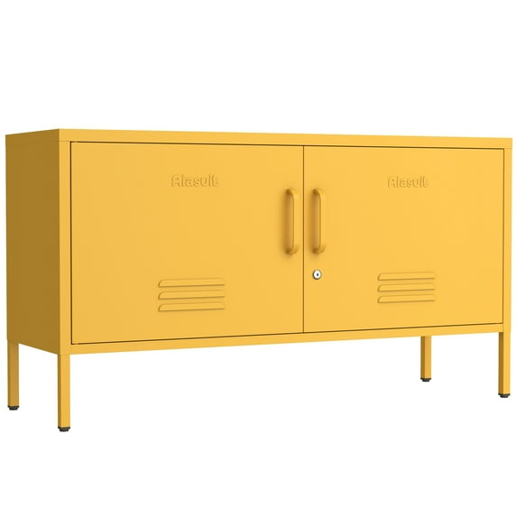 Media Console For Large TV 2 Door Metal Storage Cabinet 2 Tier Multifunctional Storage Organiser Industrial TV Stand With Easy To Assemble Yellow Size: 22"H X 35.4"W X 13.8"D