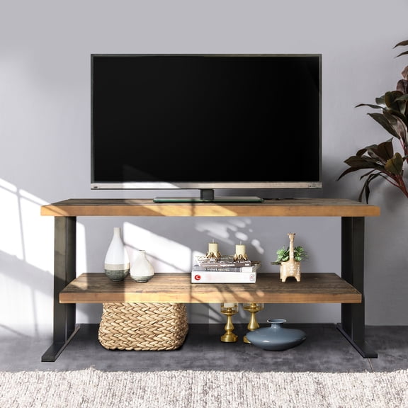 Media Console Table | Offer Space to Store Goods in Living Room | Natural Solid Wood with Black Finish | Complement Home Design