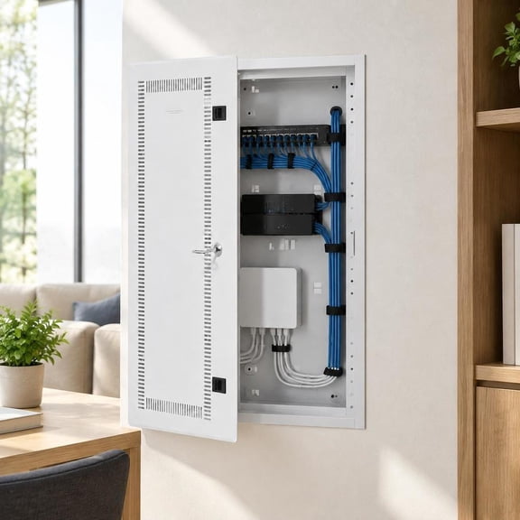 Media Enclosure, 28-Inch, Vented Hinged Door, Cable Management Box, Structured Wiring Cabinet for Network Distribution