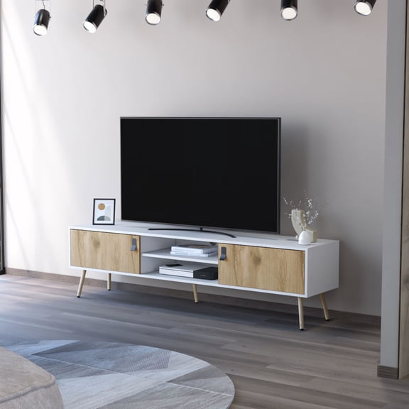 Media Rack | 2 Hinged Drawers and Open Shelves for TV Setup | TSCA Title VI Compliant Wood | Keep TV Setup Tidy