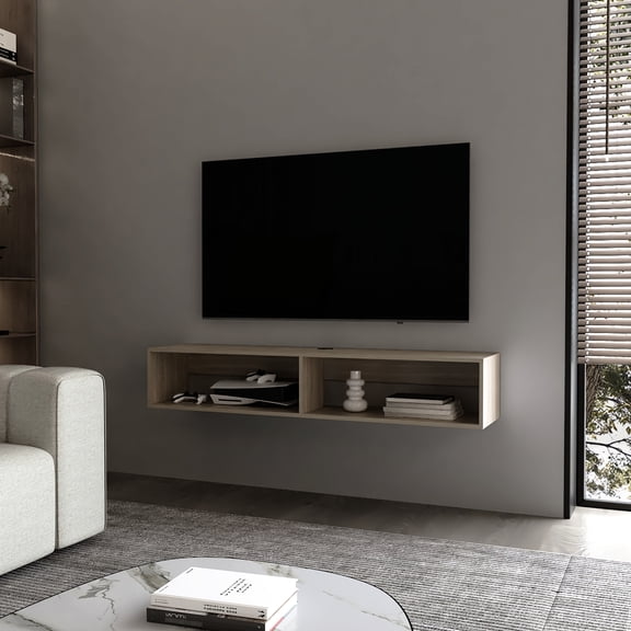 Media Rack With Two Shelves, White Oak, For 40-49 Inch Tvs Stylish Central Floating Oak Tv Up To 50 Inches