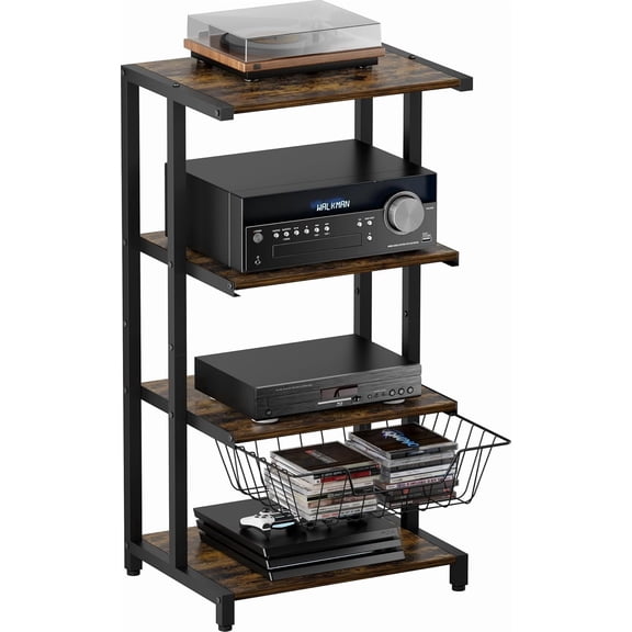 Media Stand with Detachable Baskets, 4-Tier AV Media Stand Corner Shelf for DVD Players/Cable Boxes/Games Consoles, Audio Storage Rack for Living Room, Gaming Room, Music Studio, Black