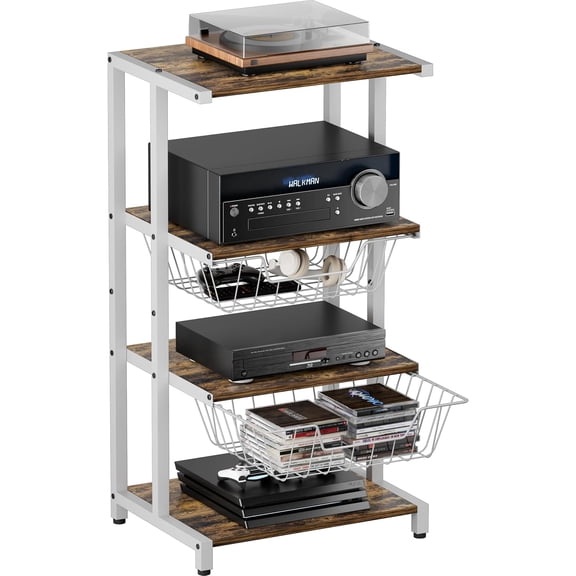 Media Stand with Two Detachable Baskets, 4-Tier AV Media Stand Corner Shelf for DVD Players/Cable Boxes/Games Consoles, Audio Storage Rack for Living Room, Gaming Room, Music Studio, White