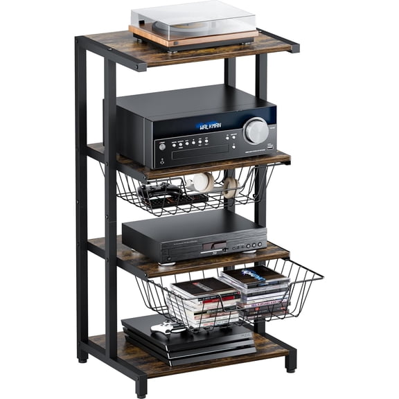 Media Stand with Two Detachable Baskets, 4-Tier AV Media Stand Corner Shelf for DVD Players/Cable Boxes/Games Consoles, Audio Storage Rack for Living Room, Gaming Room, Music Studio, Black