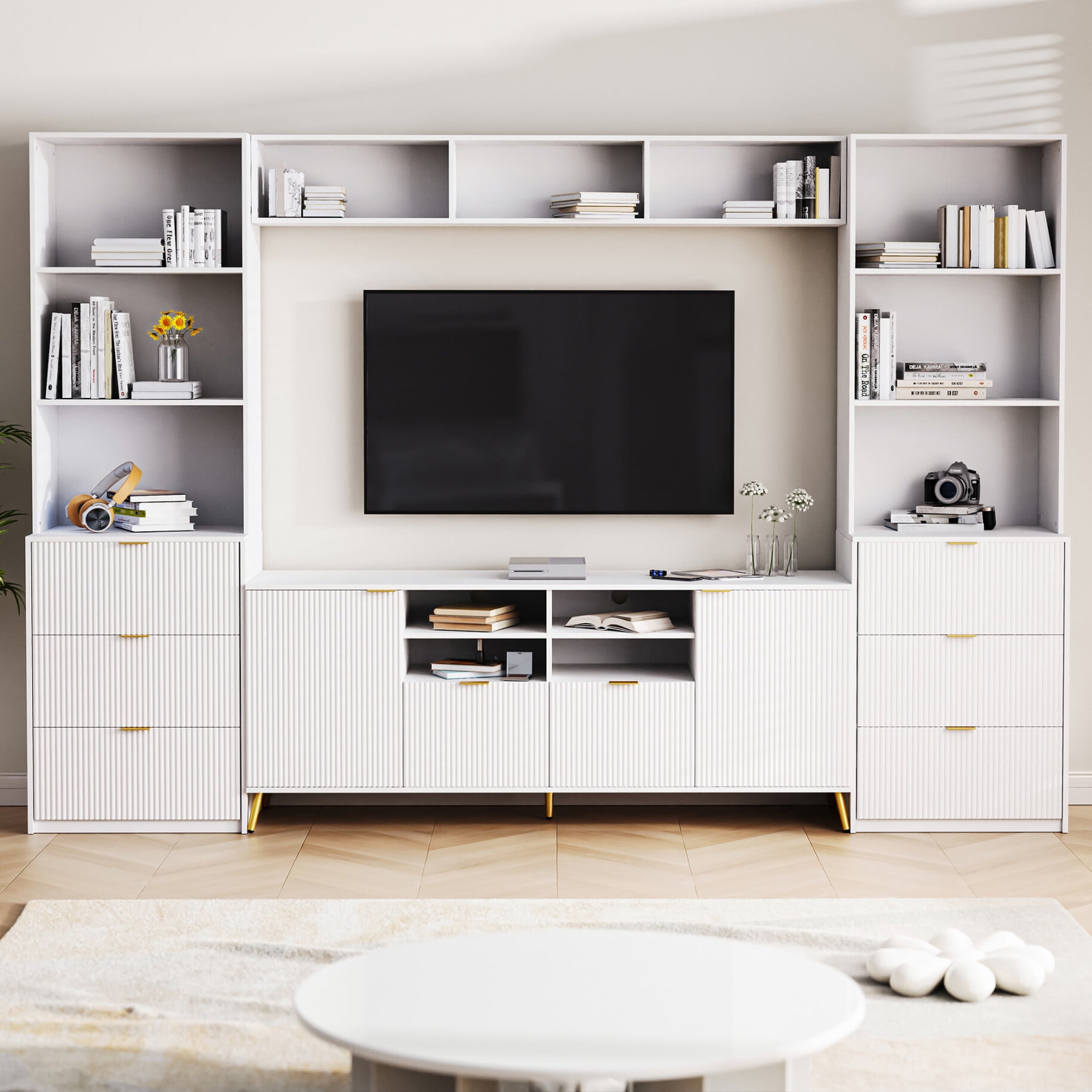 4 Piece Entertainment Wall Unit with 13 Shelves 8 Drawers and 2 Cabinets Multifunctional TV Stand Media Storage Cabinet with Fluted Line Surface for