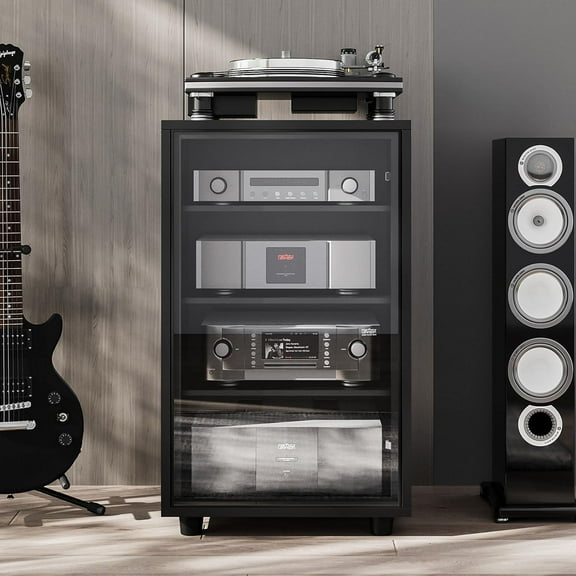 Media Storage Cabinet, Audio Video Media Stand Cabine with 3 Height-Adjustable Shelves, AV Cabinet Audio Rack with Glass Door and Cable Management for Living, Gaming, Recording Room (Black)