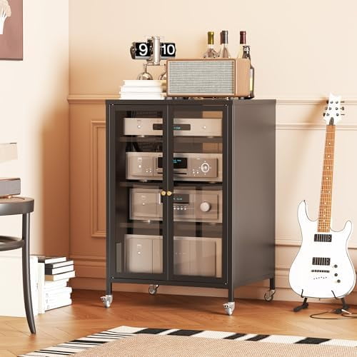 Media Storage Cabinet,Stereo Cabinets with Doors and Shelves,Audio Cabinets with 3 Adjustable Shelves and Brake Wheels, Media Cabinet for Living Room, Gaming, Recording Room,Black$$Furniture