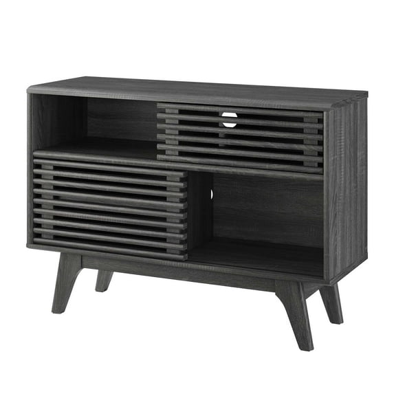 Media TV Display Stand Console Cabinet, Wood, Dark Grey Gray, Modern Contemporary Urban Design, Living Lounge Room Hotel Lobby Hospitality