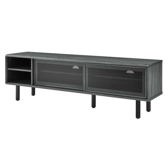 Media TV Stand Console Table, Dark Grey Gray, Wood, Metal, Industrial Living Room Lounge Cafe Lobby Hospitality Restaurant, Modern Contemporary HB34574