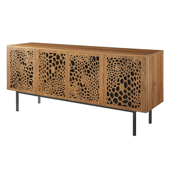 Media TV Stand Console Table, Rectangular, Wood, Metal Steel, Brown Walnut, Modern Contemporary Urban Design, Living Lounge Room Hotel Lobby Hospitality