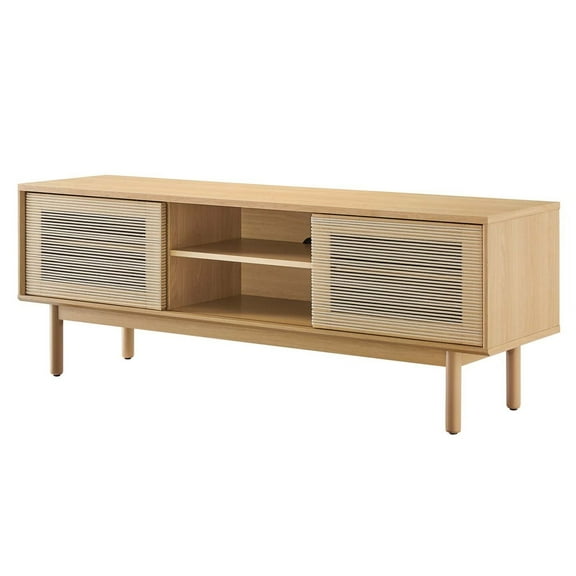 Media TV Stand Console Table, Tan Oak, Wood, Living Room Lounge Cafe Lobby Hospitality Restaurant, Modern Contemporary HB36182