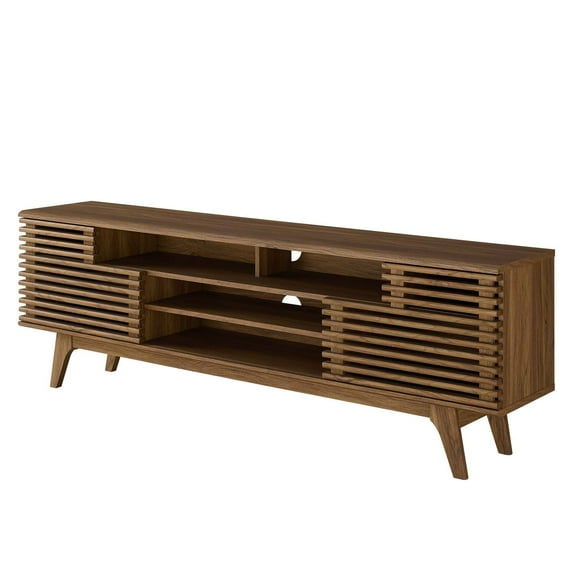Media TV Stand Console Table, Wood, Brown Walnut, Modern Contemporary Urban Design, Living Lounge Room Hotel Lobby Hospitality