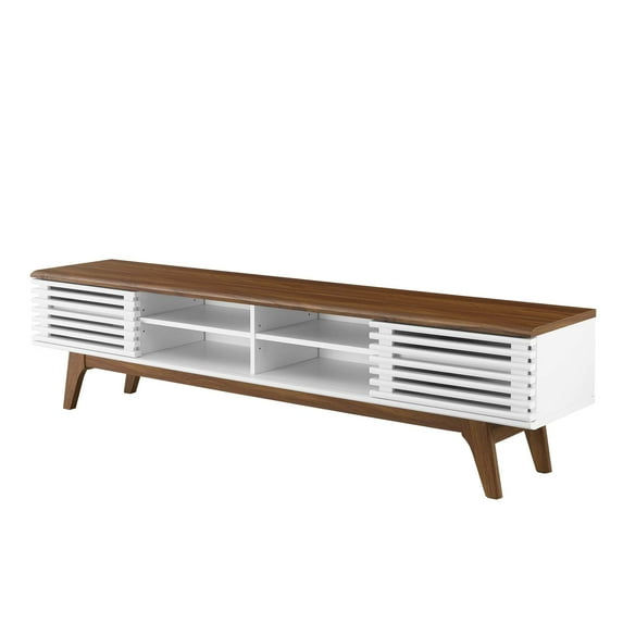 Media TV Stand Console Table, Wood, Brown Walnut White, Modern Contemporary Urban Design, Living Lounge Room Hotel Lobby Hospitality