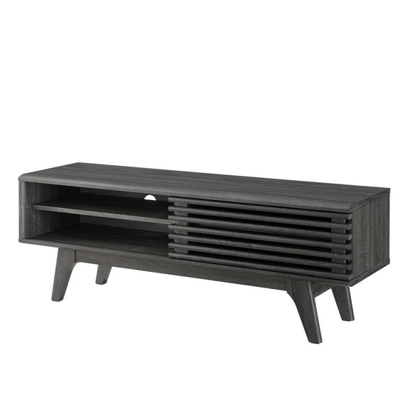 Media TV Stand Console Table, Wood, Dark Grey Gray, Modern Contemporary Urban Design, Living Lounge Room Hotel Lobby Hospitality