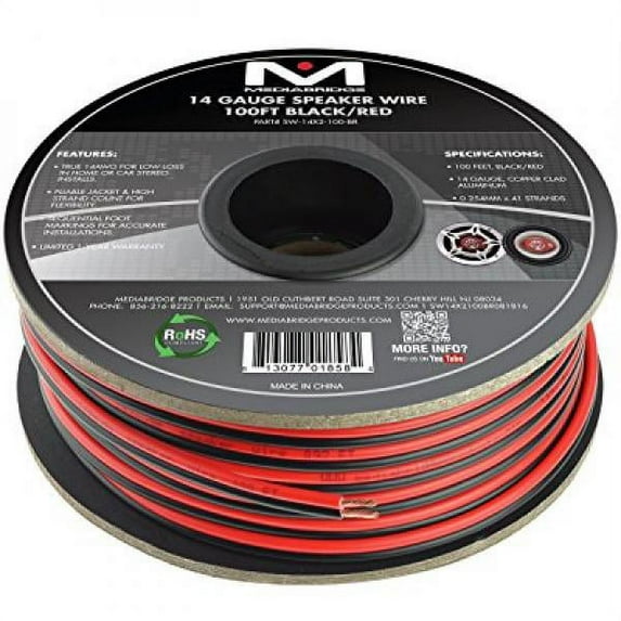 Mediabridge 14AWG 2-Conductor Speaker Wire (100 Feet, Black/Red) - True 14AWG For In-Home Or Car Stereo - Low-Loss Copper Clad Aluminum (Part# SW-14X2-100-BR )