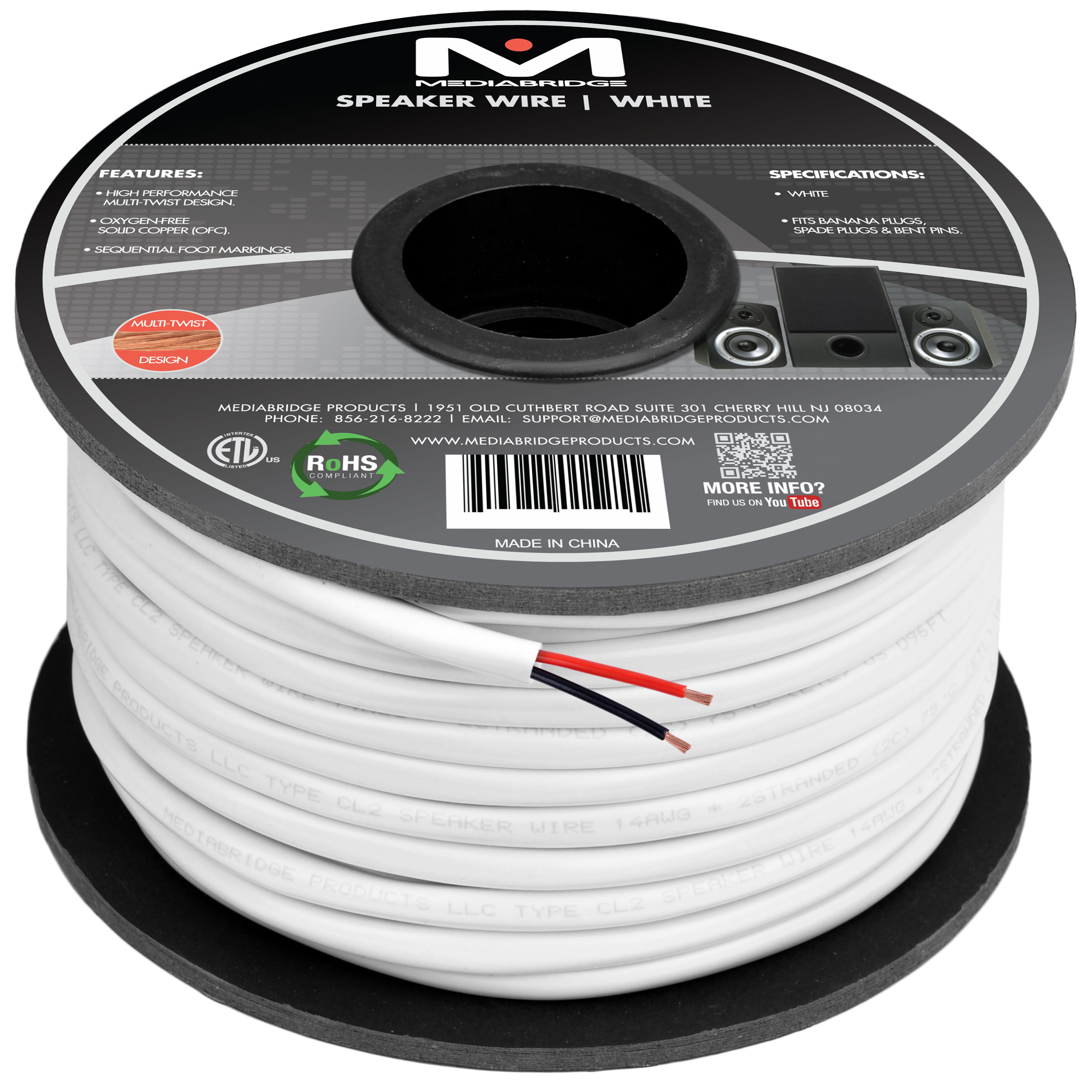 Mediabridge 14AWG 2-Conductor Speaker Wire (100 Feet, White) - 99.9% Oxygen Free Copper - ETL Listed CL2 Rated for In-Wall Use (Part# SW-14X2-100-WH ) - image 1 of 4