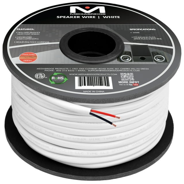 Mediabridge 14AWG 2-Conductor Speaker Wire (100 Feet, White) - 99.9% Oxygen Free Copper - ETL Listed CL2 Rated for In-Wall Use (Part# SW-14X2-100-WH )