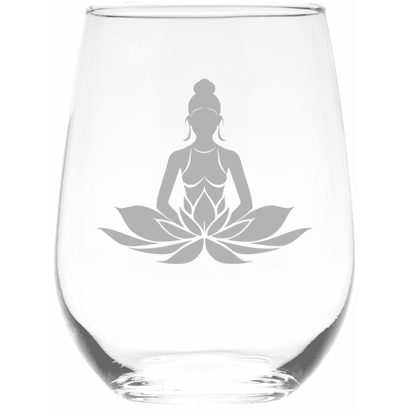 C&M Personal Gifts 17 oz Mediating Lotus Woman Yoga Meditation Design Stemless Wine Glass