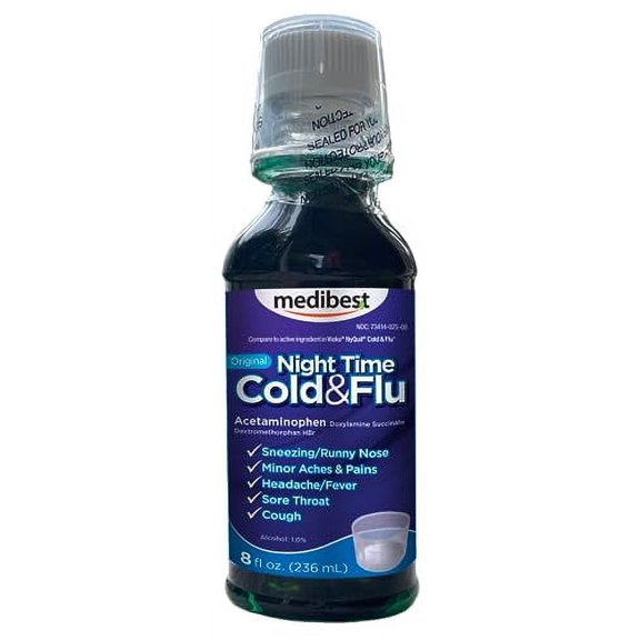 Medibest - Night time Cold & Flu Medicine, 1.0% Alcohol, Relief for  Sneezing, Minor Aches & Pains, Headache & Fever, Sore Throat and Cough - 8 Fl oz (236 ml)