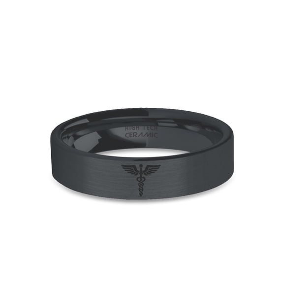 Medic Snake Winged Staff Black on Black Engraved Ceramic Ring, 6mm, Size 4