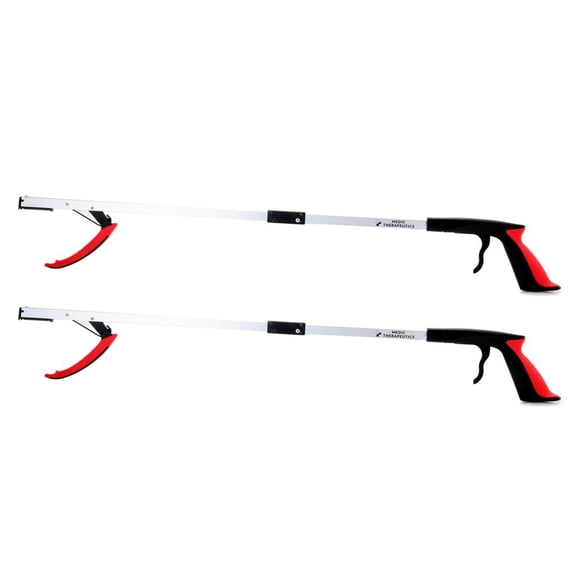 Medic Therapeutics 2-Pack Extra Long Reacher Grab Tool w/ Magnetic Tip. Lightweight with a strong grip and easy attachment to canes, walkers, and wheelchairs. Red