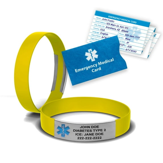MedicBand Medical Alert Bracelets for Men and Women. Incl. 4 Lines Custom Engraving, Emergency Medical Information Card, Complimentary 12 mo. Personal Health Record Membership! Free Ship - Yellow