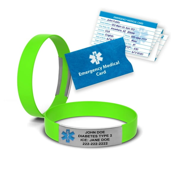 MedicBand Medical Alert Bracelets for Men and Women. Incl. 4 Lines Custom Engraving, Emergency Medical Information Card, Complimentary 12 mo. Personal Health Record Membership! Free Ship - Lime Green