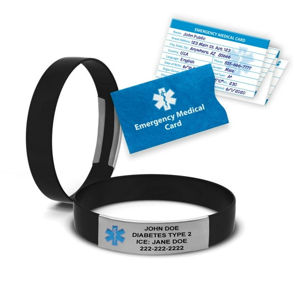 MedicBand Medical ID Bracelets for Men and Women. Incl. 4 Lines Custom Engraving, Emergency Medical Information Card, Complimentary 12 mo. Personal Health Record Membership! Free Ship - Black