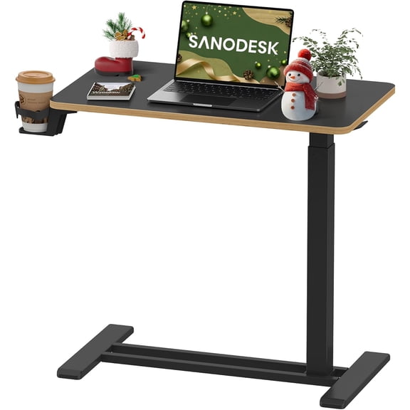 Medical Adjustable Overbed Bedside Table with Hidden Casters, Pneumatic Mobile Laptop Computer Standing Desk Cart with Tray, Hospital and Home Use(27.6" W x 15.7" D, Black)
