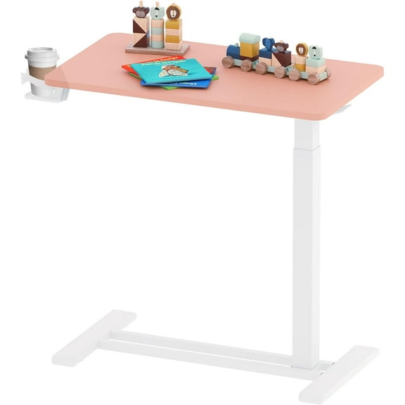 Medical Adjustable Overbed Bedside Table with Hidden Casters, Pneumatic Mobile Laptop Computer Standing Desk Cart with Tray, Hospital and Home Use(27.6" W x 15.7" D, Pink)