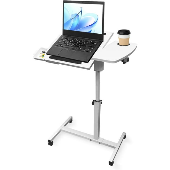 Medical Adjustable Overbed Bedside Table Teacher Podium Laptop Computer Cart Mobile Laptop Desk with 2 Tilting Desktops,Cup Holde,Drawer，Wheels for Office, Home and Classroom (White)